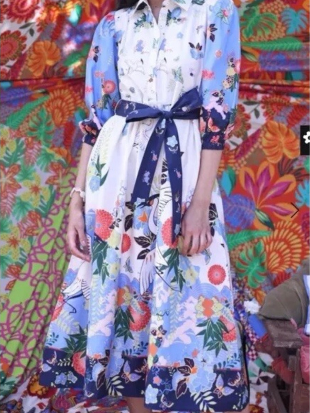 Floral Button-Front Midi Dress in Light Blue and White